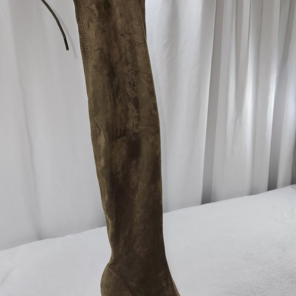 So Me Olive Green Open Toe Stretch Stocking OTK Thigh Boots 4" Chunky Heel - Picture 5 of 7